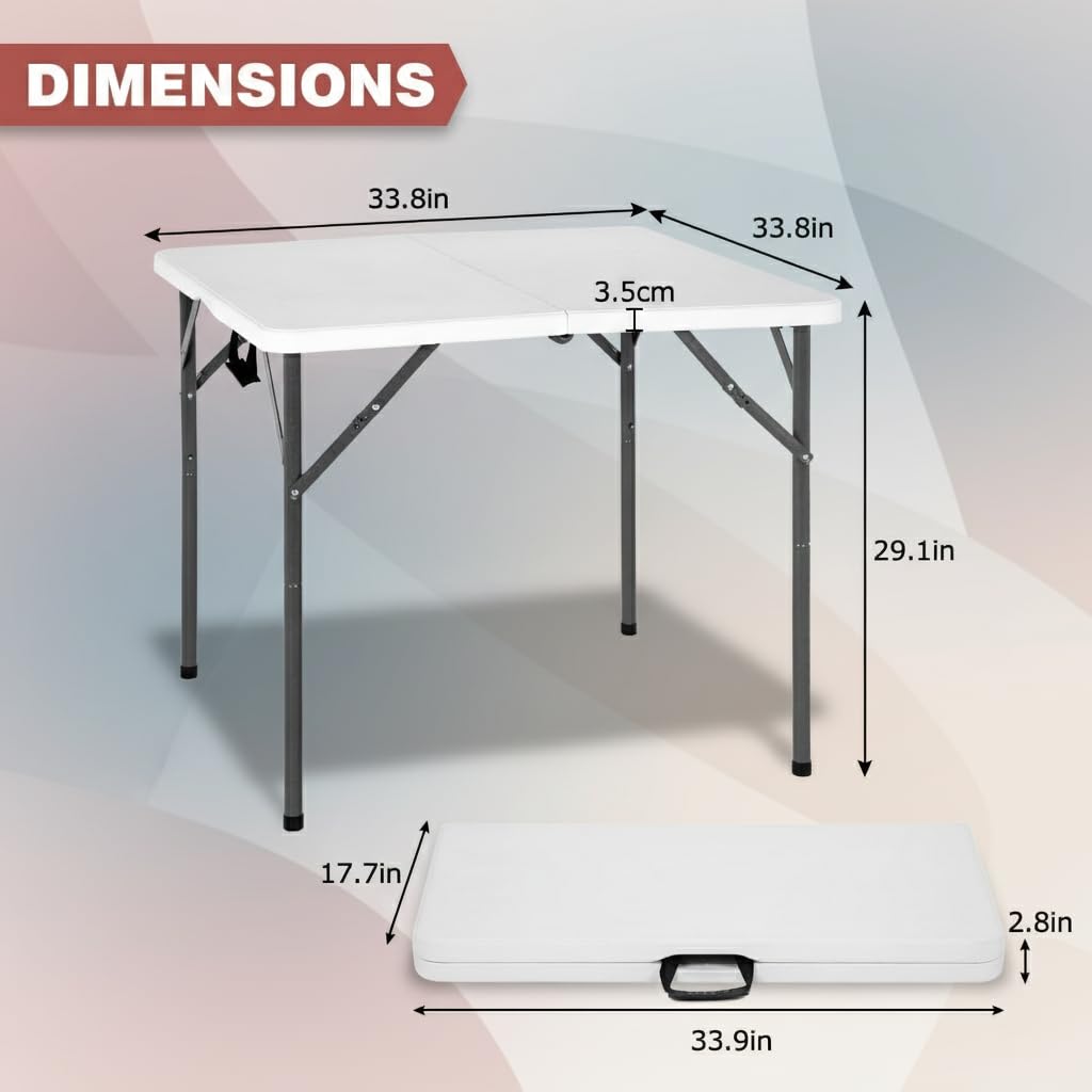 34" Folding Card Table Heavy Duty Plastic Square Table with Handle and Lock C8000