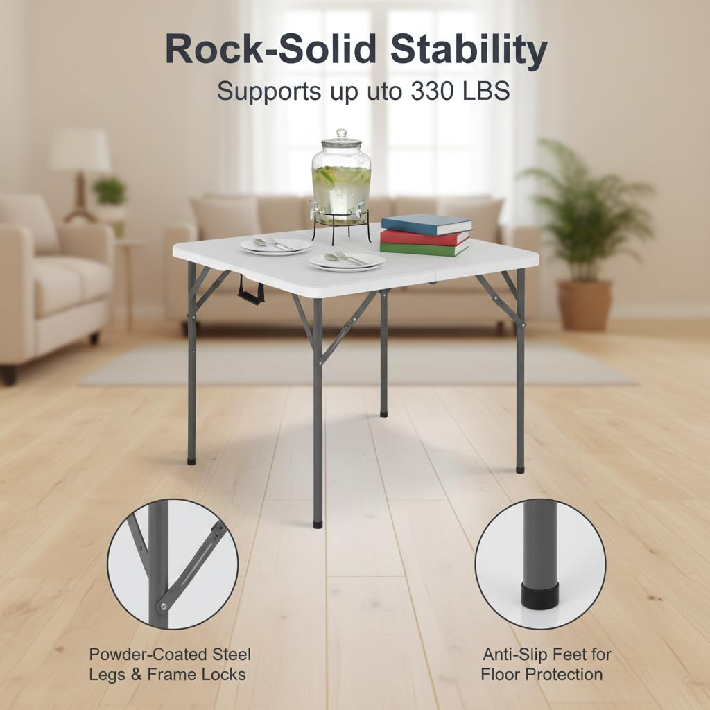 34" Folding Card Table Heavy Duty Plastic Square Table with Handle and Lock C8000