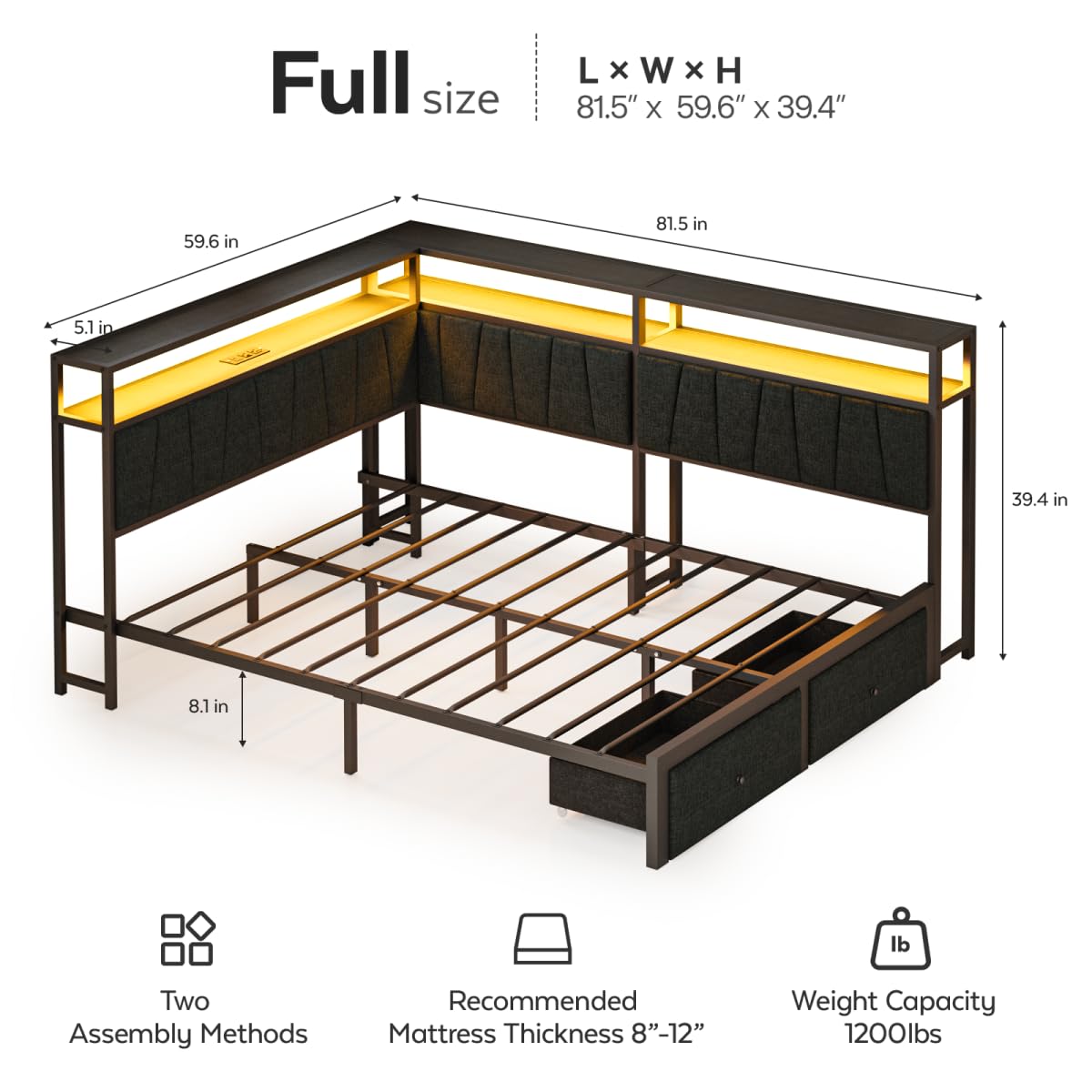 Black Full Size Storage Drawer Bed Frame with LED Lights and Charging Station J57870
