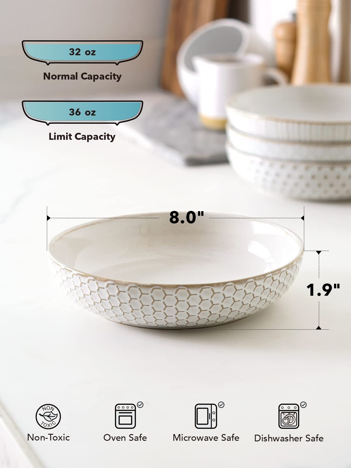 36 oz Ceramic Pasta Bowl Set of 4, Arctic White N796