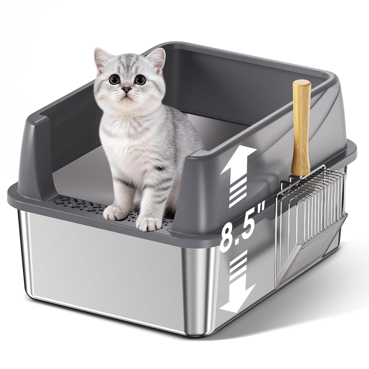 Stainless Steel High Sided Litter Box with Scoop O813824