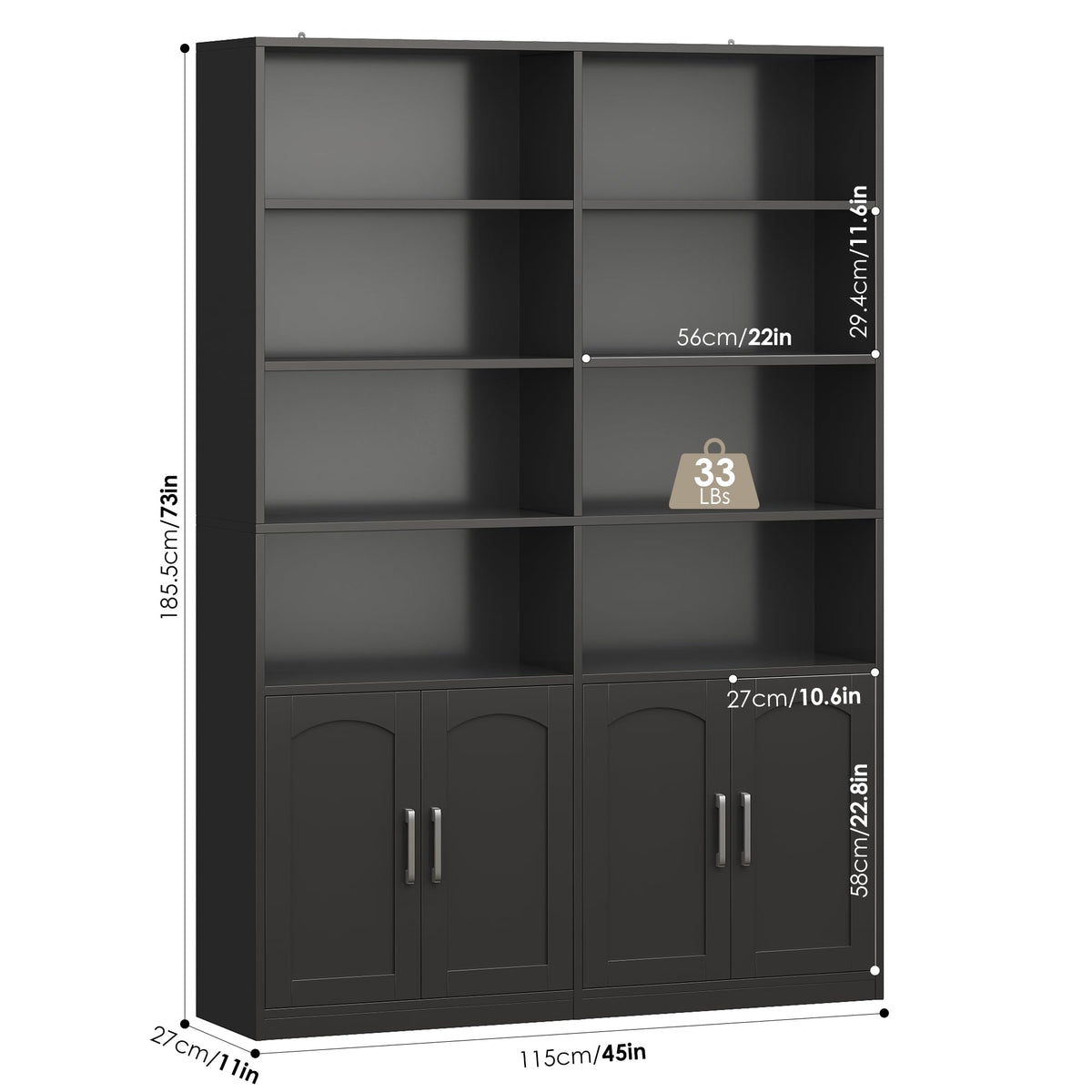 Double Wide Bookshelf and Bookcase with Doors O49485