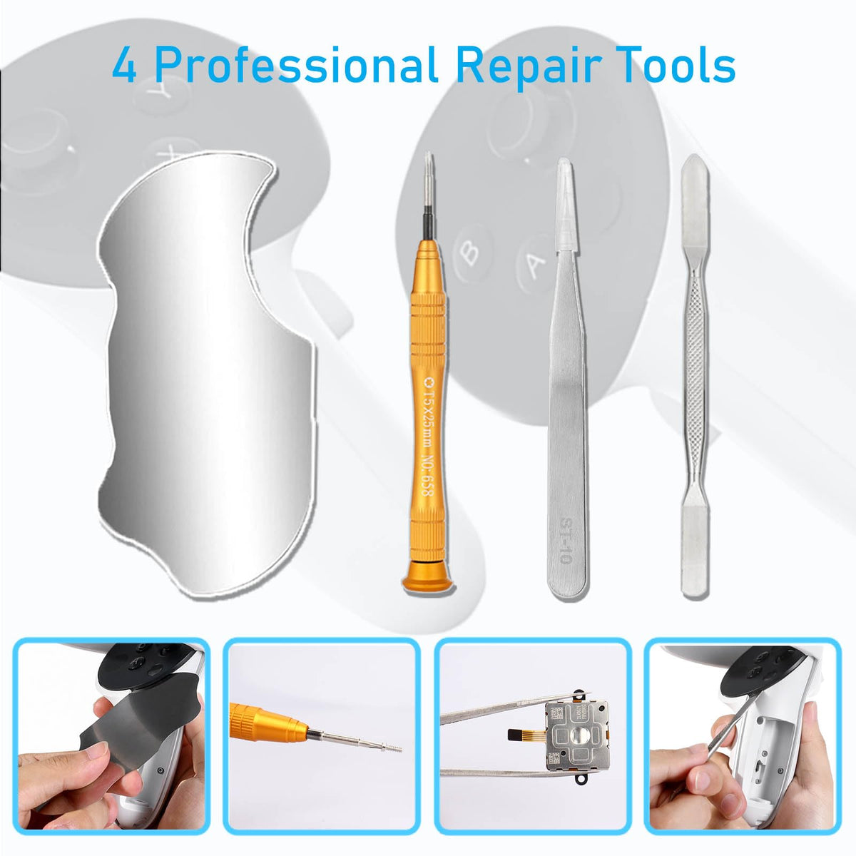 4 Pack Joystick Replacement Kit, Include 4 Joysticks, 4 Thumbstick Grips, T5 Screwdriver, Tweezer, Pry Tool M677054