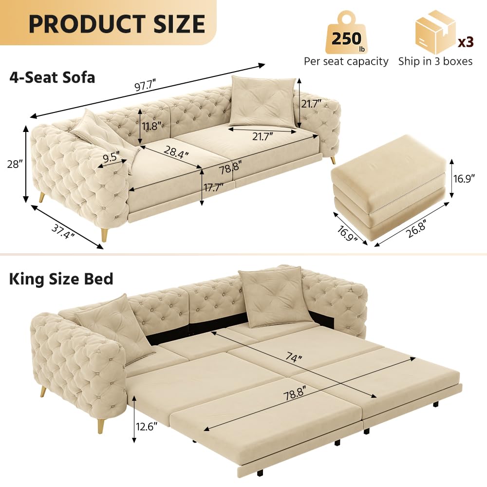 98" King Size Velvet Convertible Sofa Bed with Ottoman G784