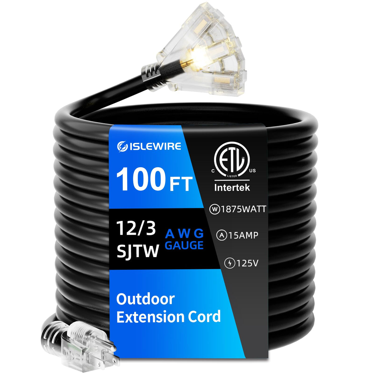 100 FT 12 Gauge Black Extension Cord with 3 Outlet E31518