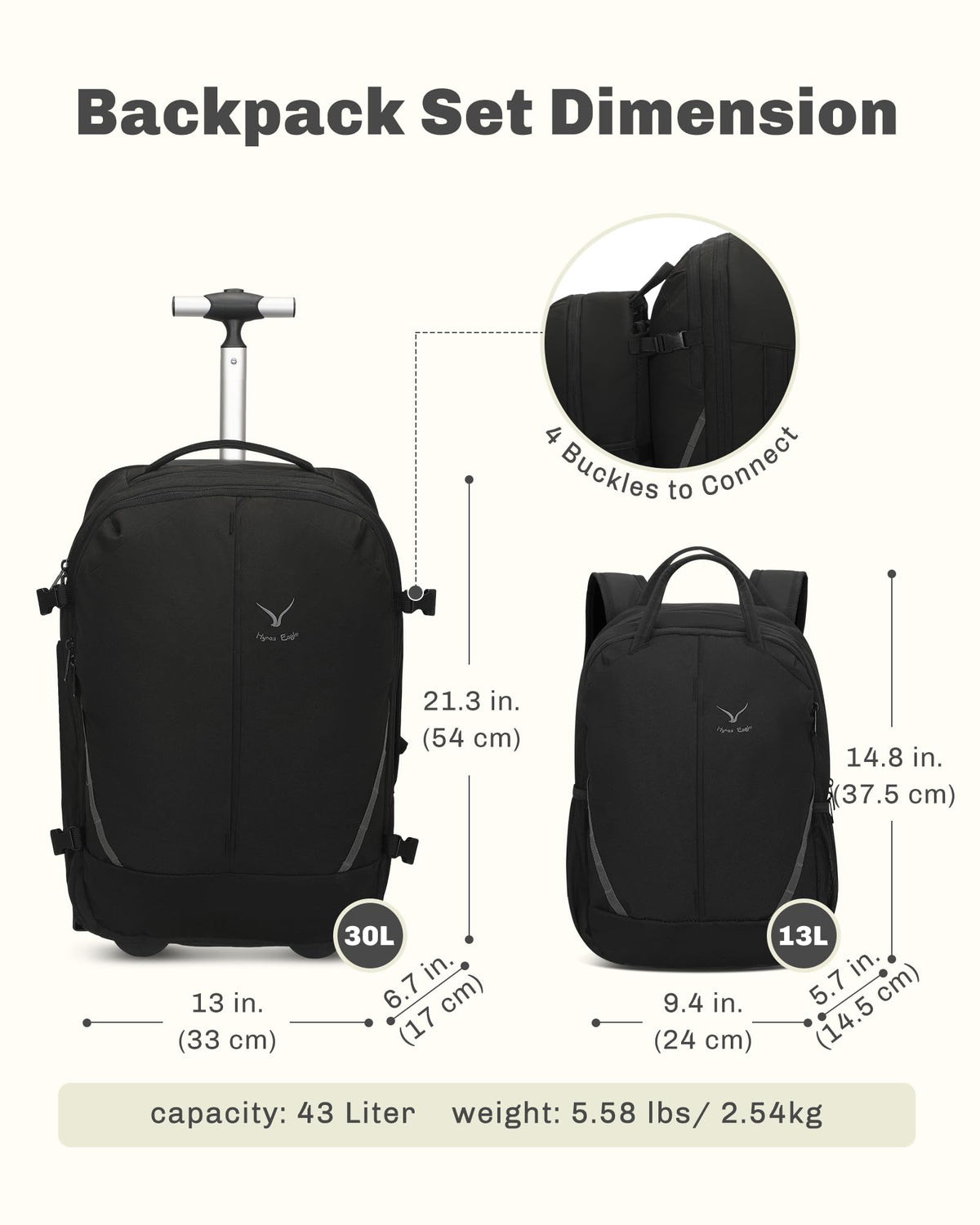 Rolling Backpack with Wheels 43L with Packing Cubes Set 6PC O776648