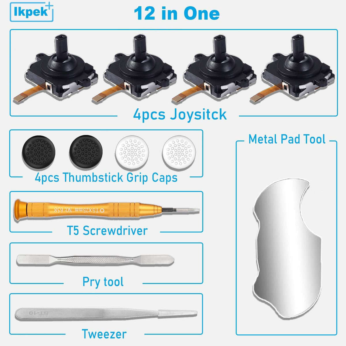 4 Pack Joystick Replacement Kit, Include 4 Joysticks, 4 Thumbstick Grips, T5 Screwdriver, Tweezer, Pry Tool M677054