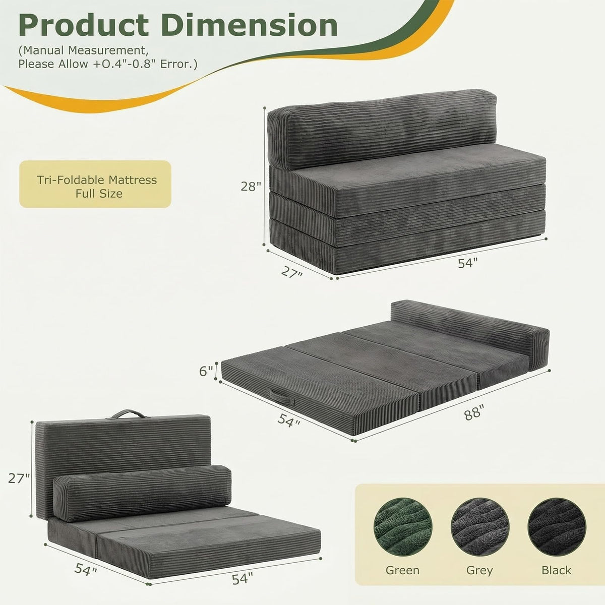 6 inch Tri-Folding Full Size Grey Mattress R627559