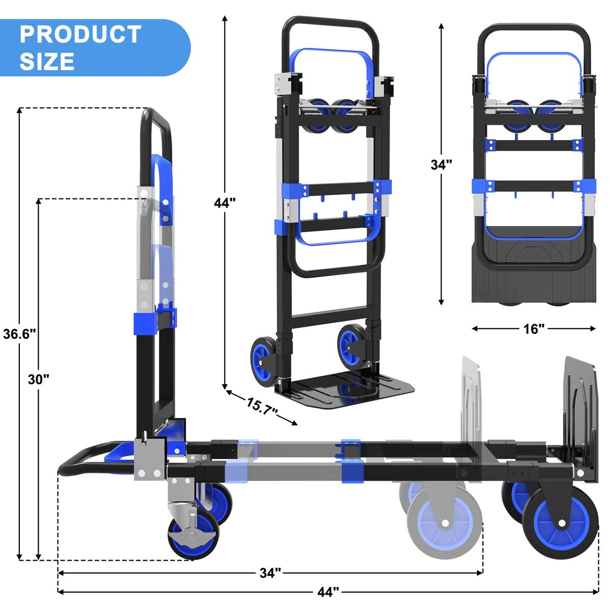 3-in-1 Folding Heavy Duty Hand Truck Dolly Cart Trolley with Wheels (Blue) Z947