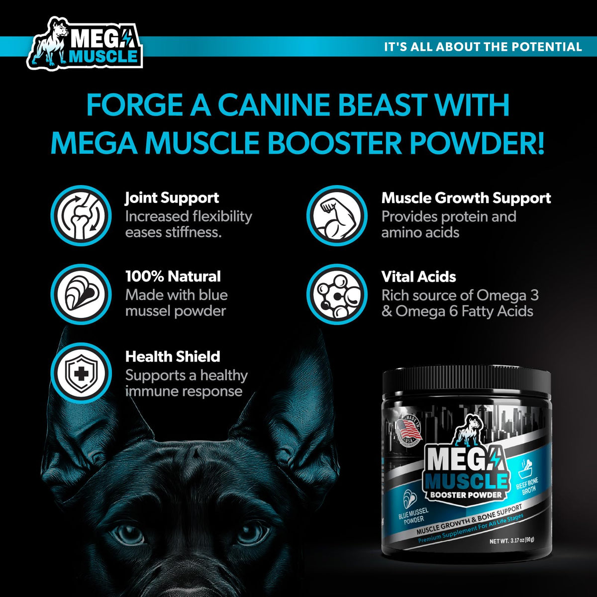 Dog Muscle Support Powder Blue Mussel Bone Broth Food Topper 3.2 oz C107