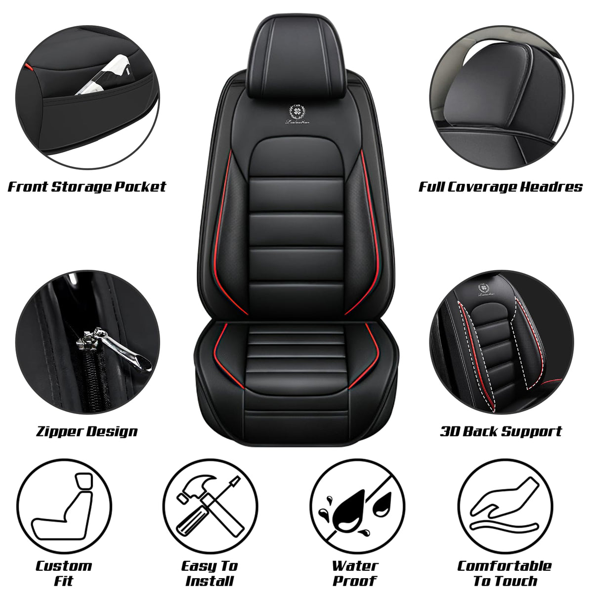 Waterproof Nappa Leather Full Coverage Car Seat Covers Full Set Black Red Q7759