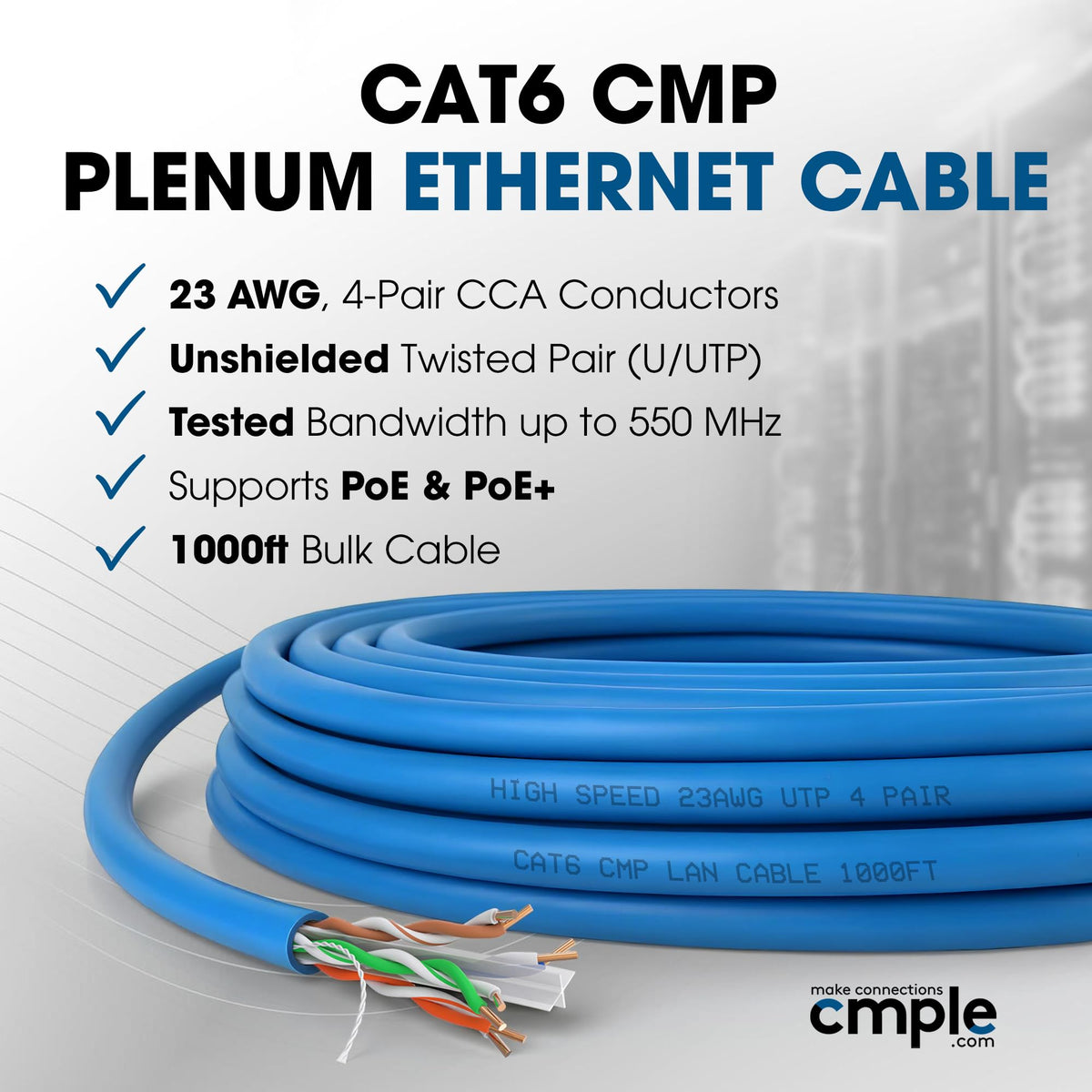 Cat6 Plenum CMP 23AWG UTP Solid 1000ft Blue Ethernet Cable Y61920