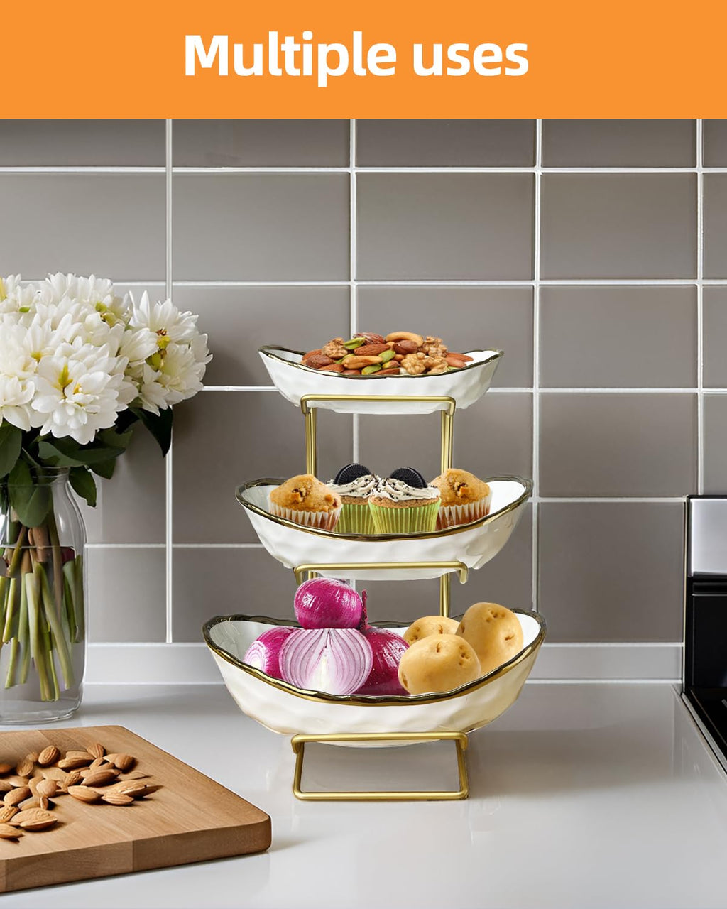 3-Tier Ceramic Fruit Bowl with Metal Stand M978