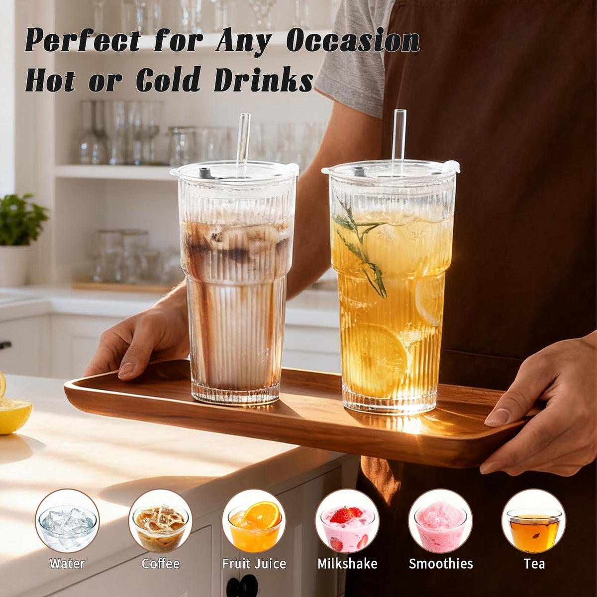 20oz Ribbed Glass Tumbler Set with Lids and Straws, 2 Pack E106