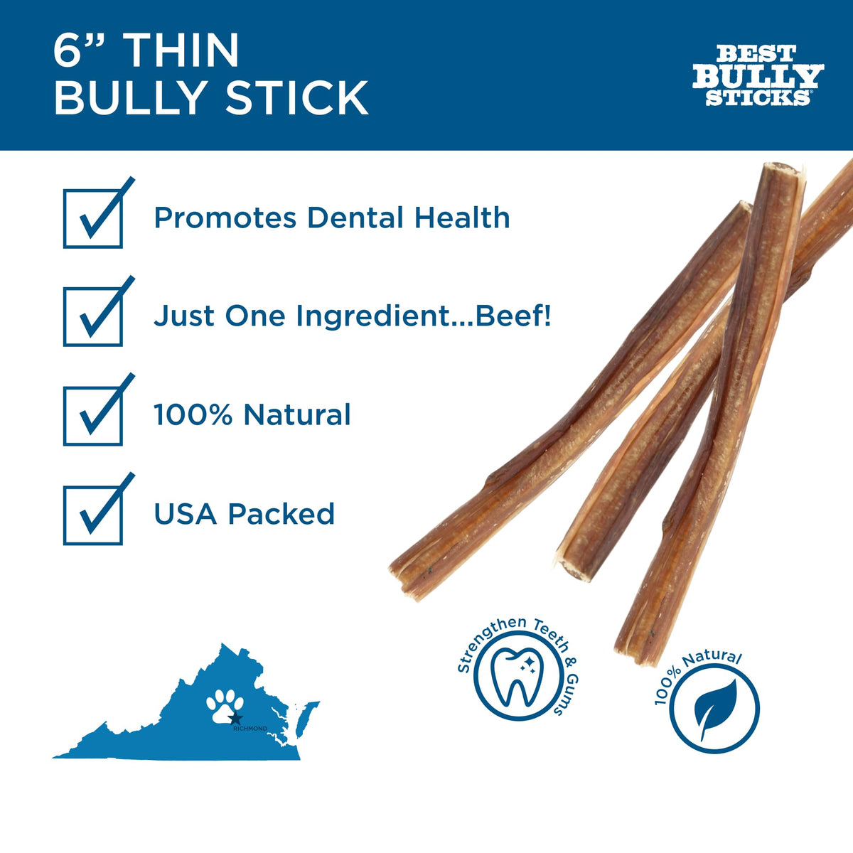 6 Inch Thin Bully Sticks 24 Count Natural Dog Treats E1868
