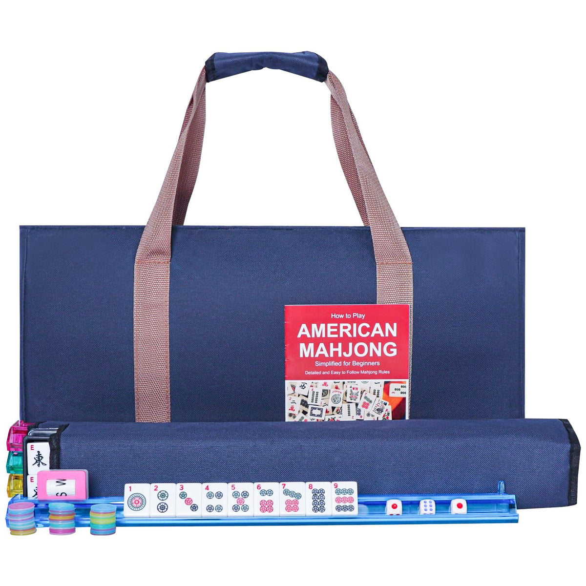 American Mahjong Game Set, 166 White Tiles, 4 Color Rack/Pushers, Blue Carrying Bag Y5454