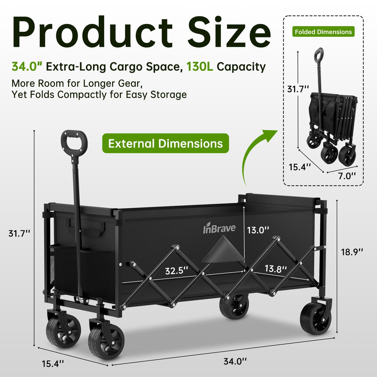 34" Extra Long Collapsible Wagon Cart, 360LBS Capacity, Black P89272