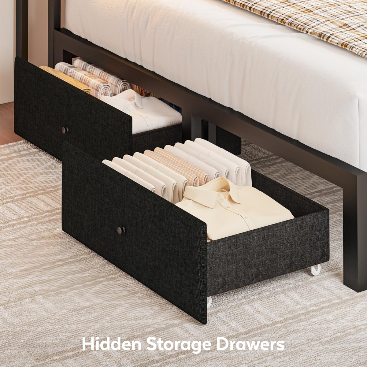 Black Full Size Storage Drawer Bed Frame with LED Lights and Charging Station J57870