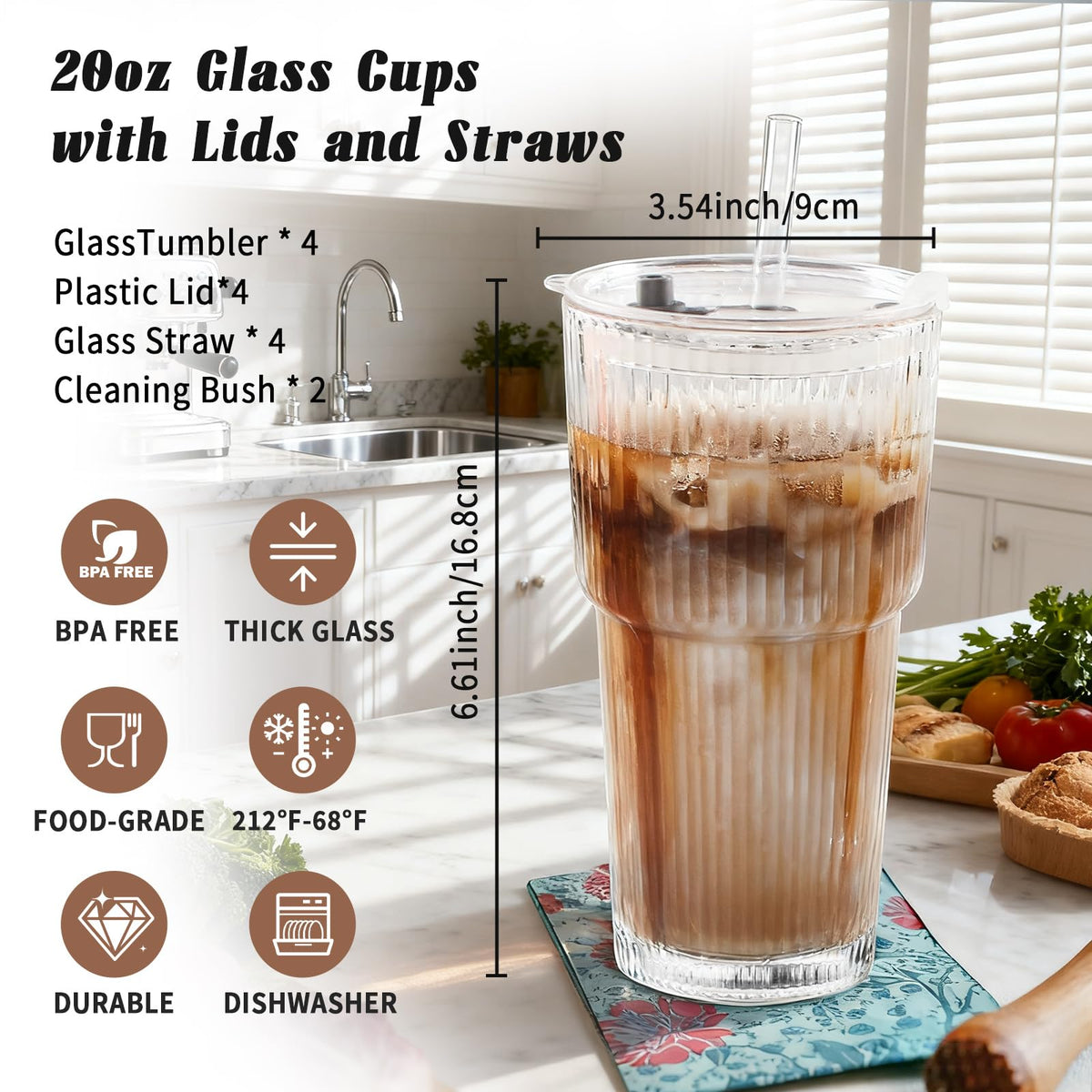 20oz Ribbed Glass Tumbler Set with Lids and Straws, 2 Pack E106