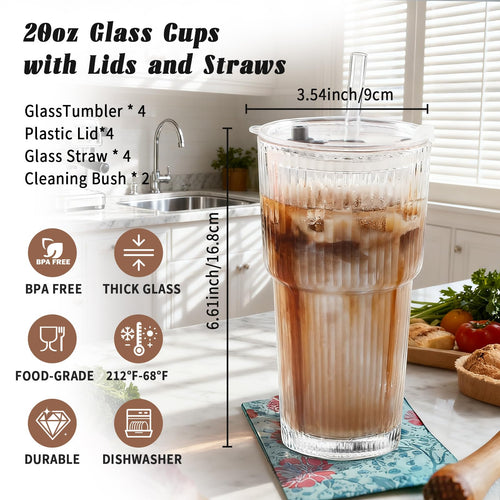 20oz Ribbed Glass Tumbler Set with Lids and Straws, 2 Pack E106