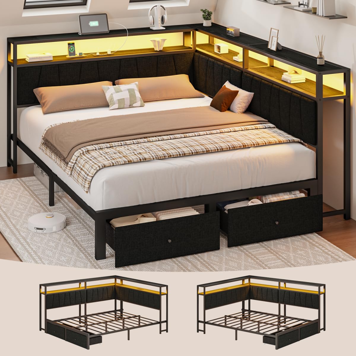Black Full Size Storage Drawer Bed Frame with LED Lights and Charging Station J57870