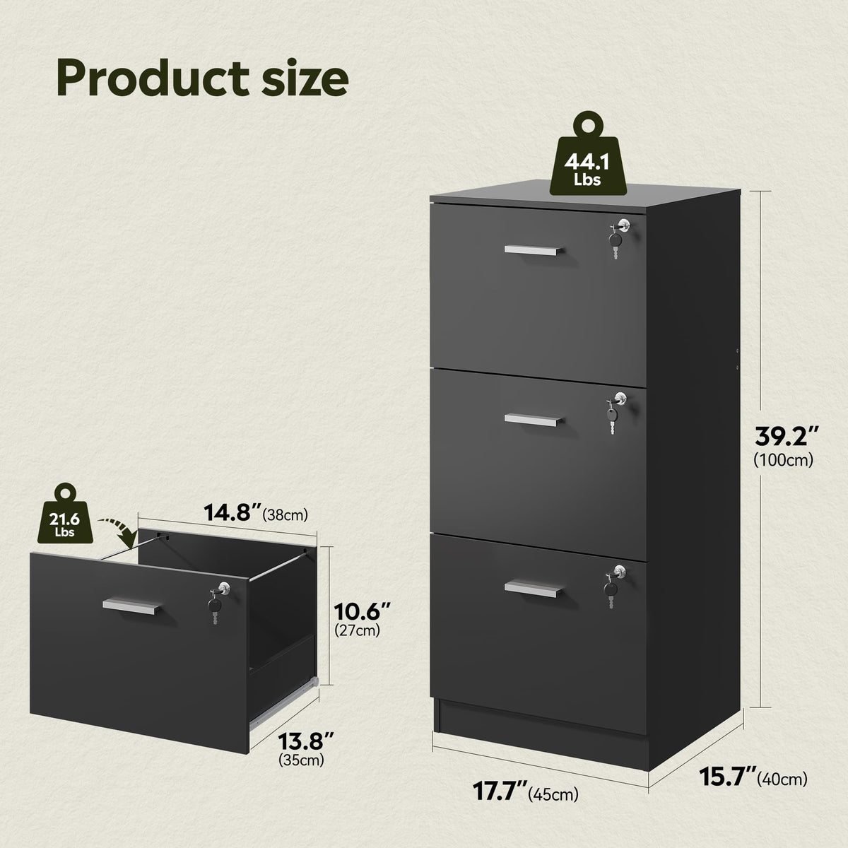 3 Drawer Wood File Cabinet with Lock I37596