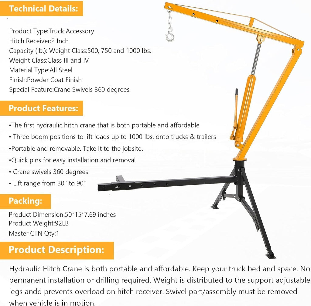 Hydraulic Hitch Mounted Pickup Truck Crane, 1000 Lbs Capacity, 360° Swivel, Yellow Y322620