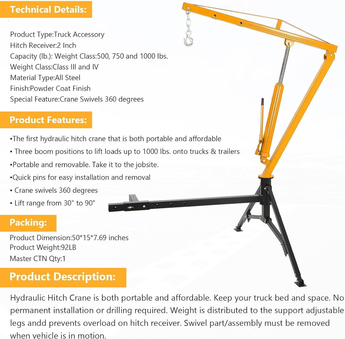 Hydraulic Hitch Mounted Pickup Truck Crane, 1000 Lbs Capacity, 360° Swivel, Yellow Y322620