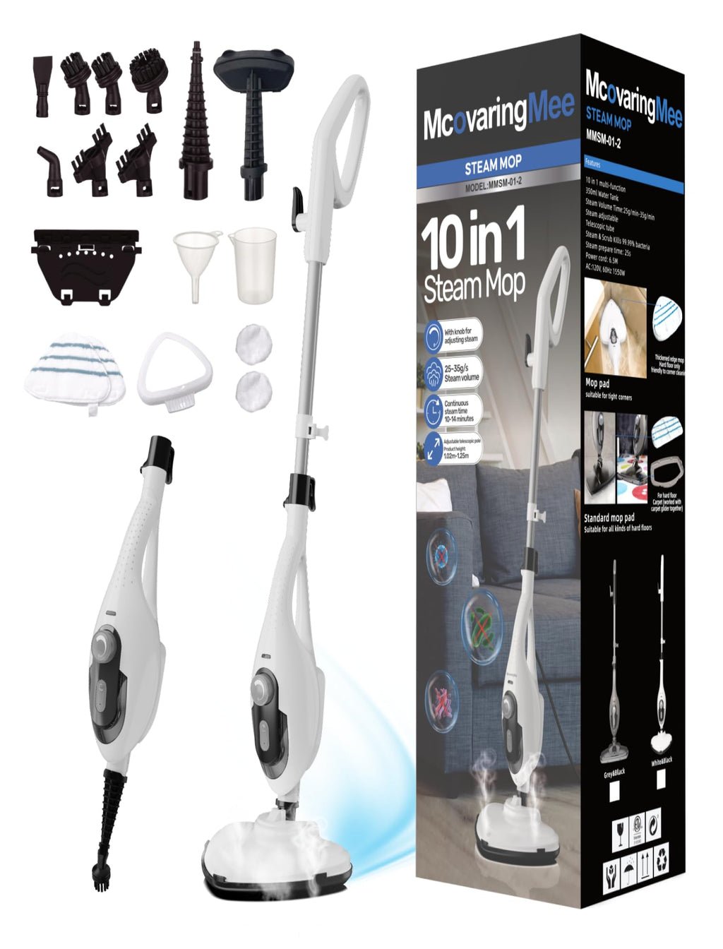 1550W 11-in-1 Steam Mop with 21.3FT Cord, White Z969482