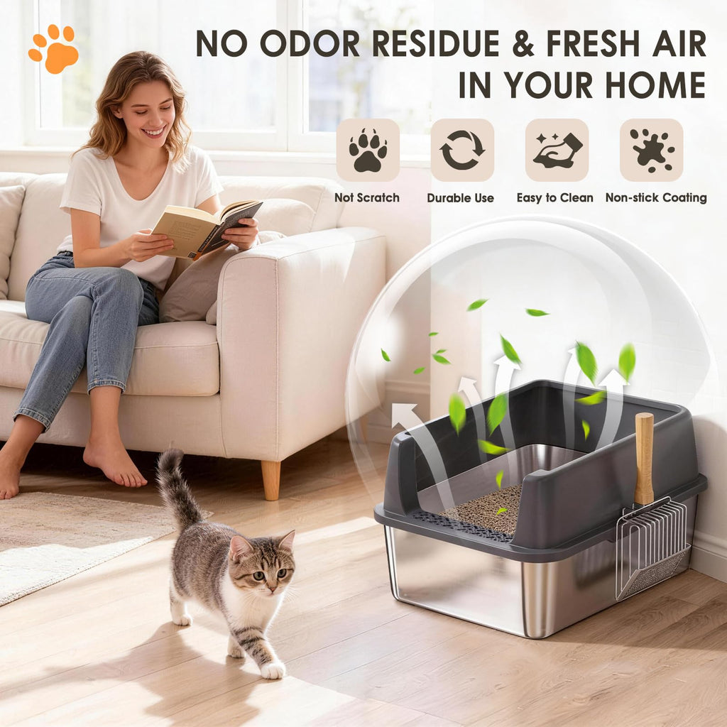 Stainless Steel High Sided Litter Box with Scoop O813824