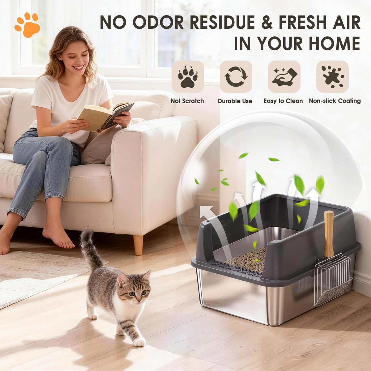 Stainless Steel High Sided Litter Box with Scoop O813824