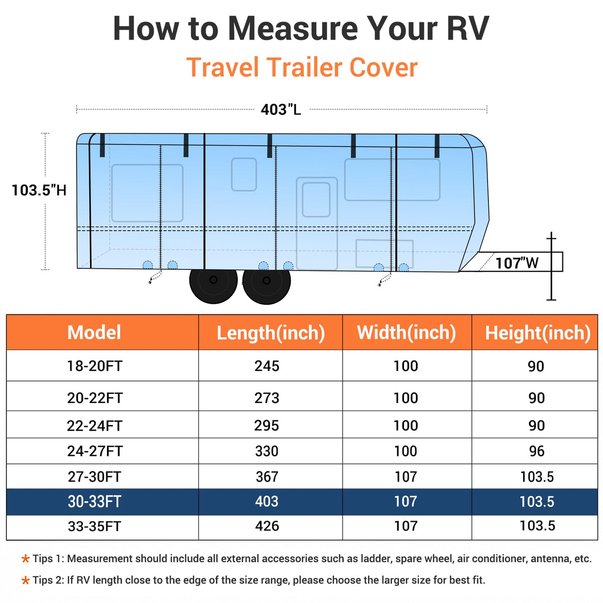 30-33FT Water-Resistant Travel Trailer RV Cover Y7132