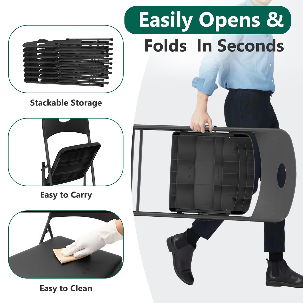 Black 10 Pack Plastic Folding Chair with Steel Frame K447350