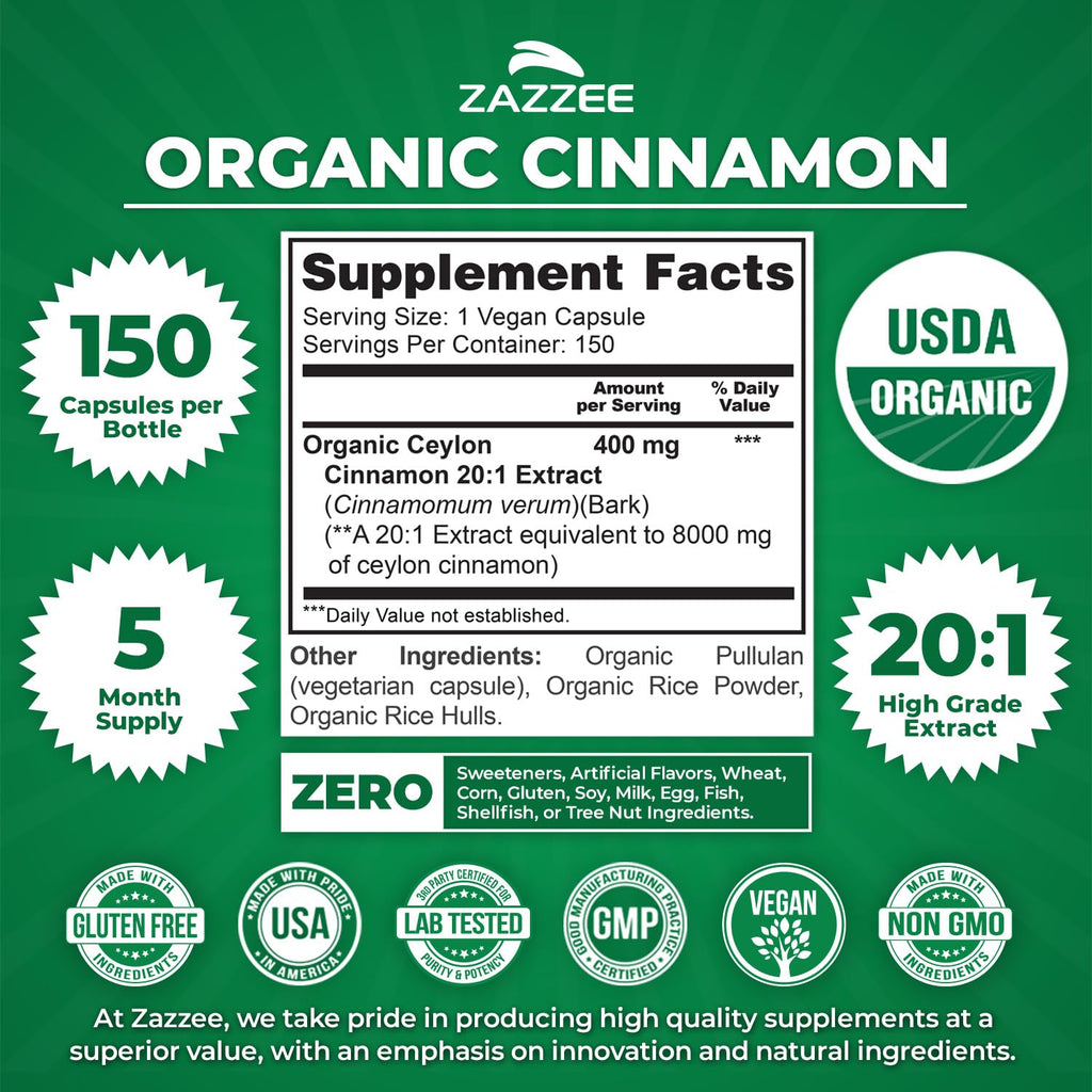 USDA Organic Ceylon Cinnamon 20:1 Extract 150 Capsules O206420