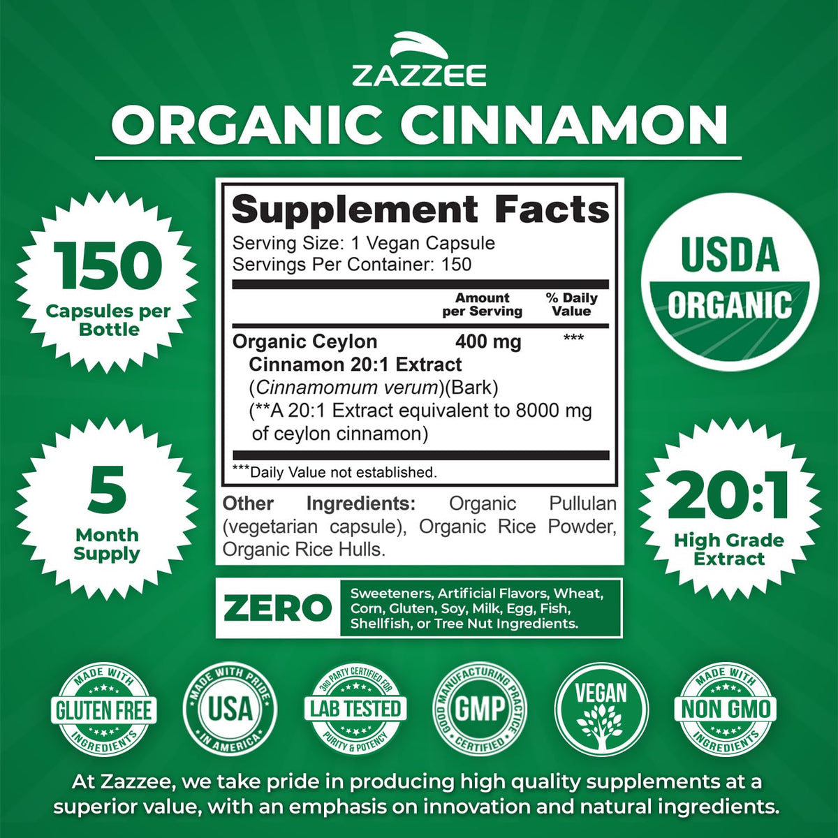 USDA Organic Ceylon Cinnamon 20:1 Extract 150 Capsules O206420