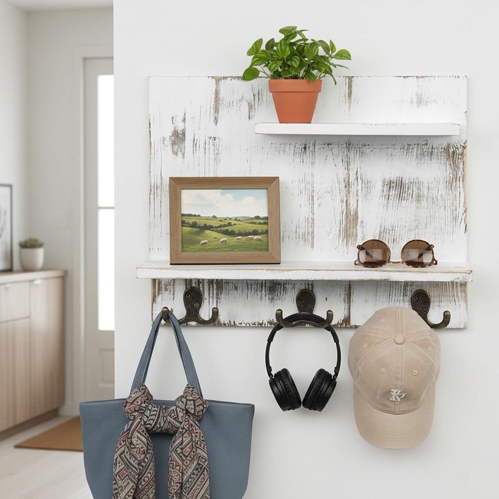 2 Tier White Washed Solid Wood Bathroom Storage Shelves with 6 Hooks Z77612