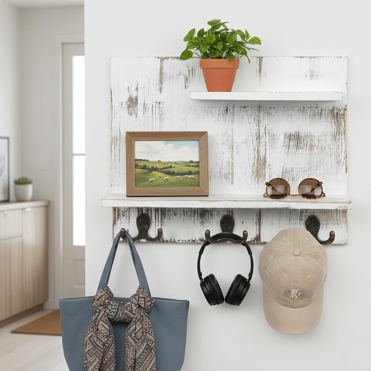 2 Tier White Washed Solid Wood Bathroom Storage Shelves with 6 Hooks Z77612