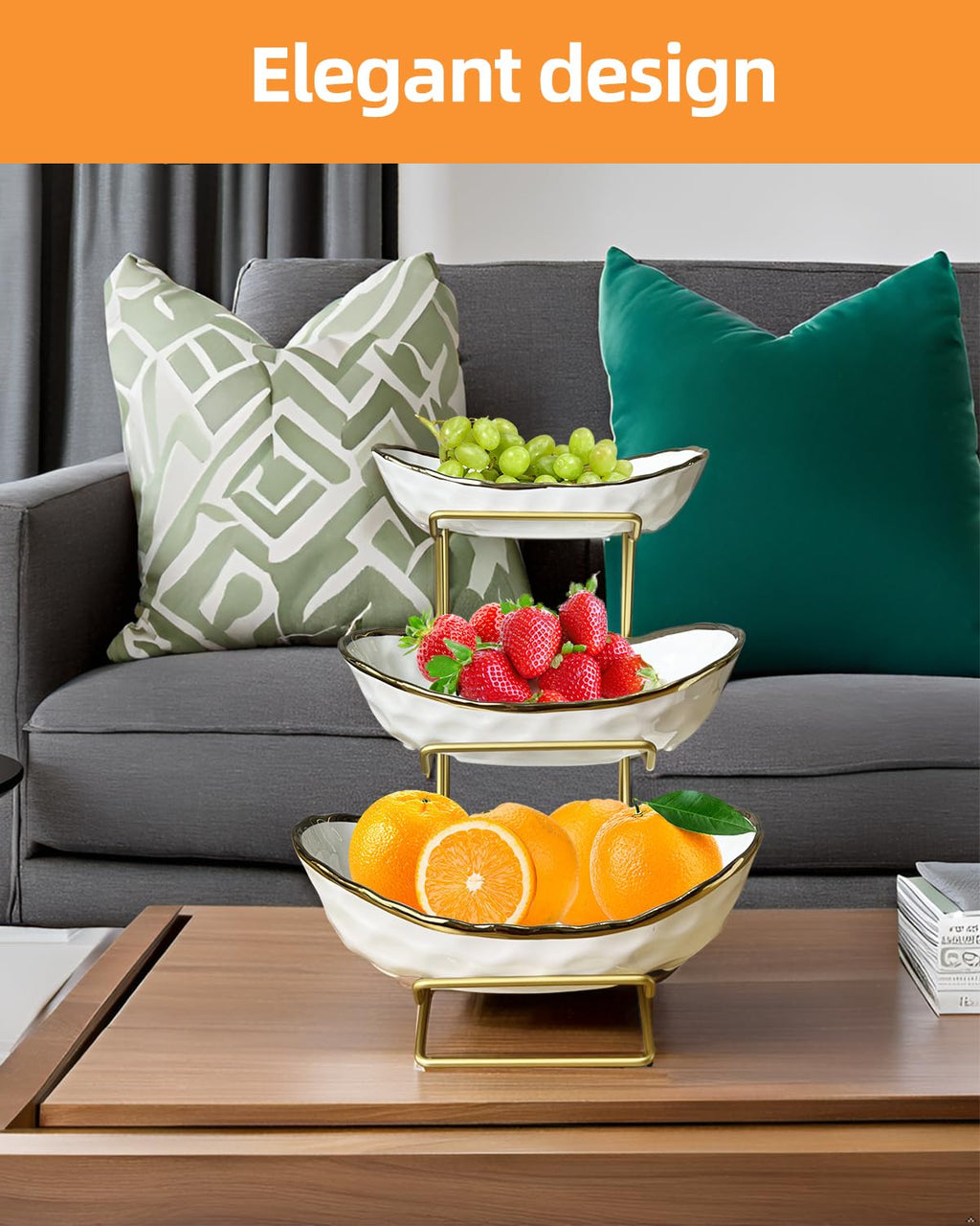 3-Tier Ceramic Fruit Bowl with Metal Stand M978