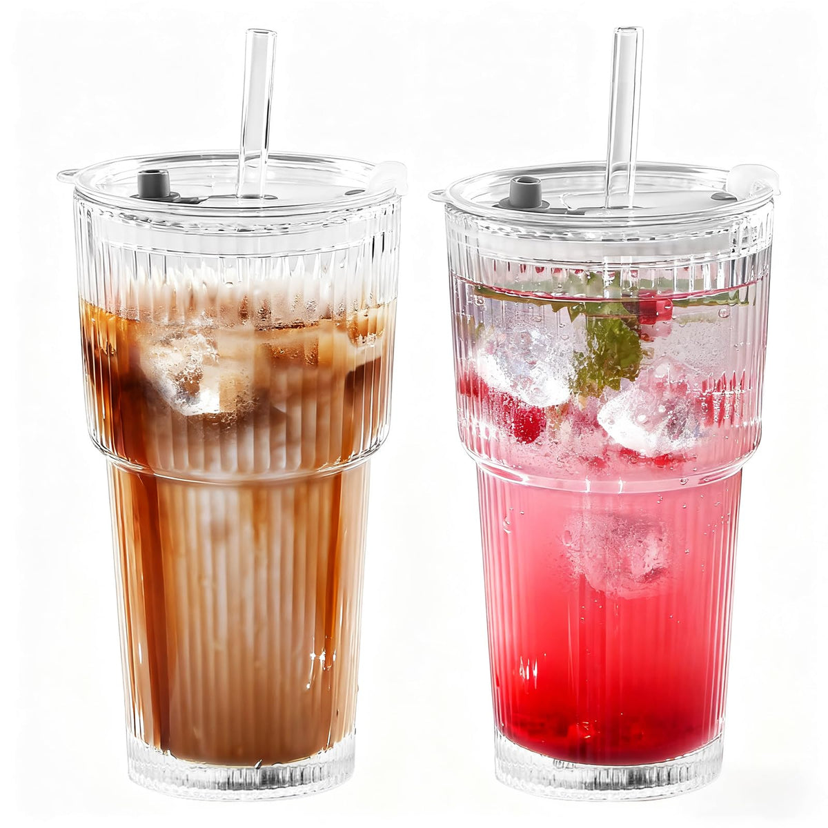 20oz Ribbed Glass Tumbler Set with Lids and Straws, 2 Pack E106