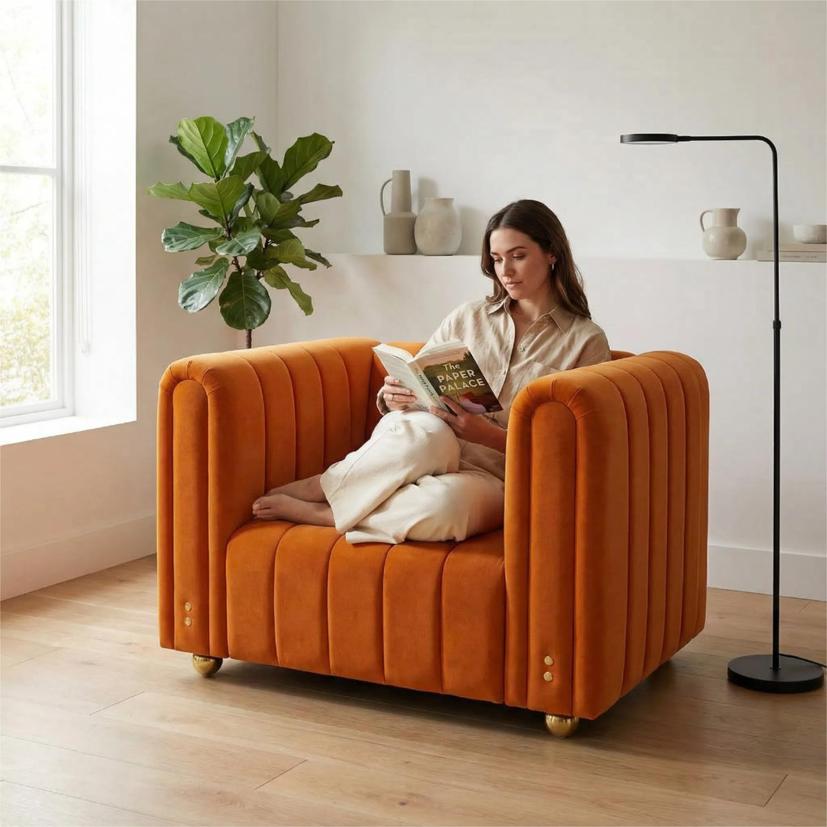 40" Orange Velvet Accent Chair with Gold Metal Legs C873842