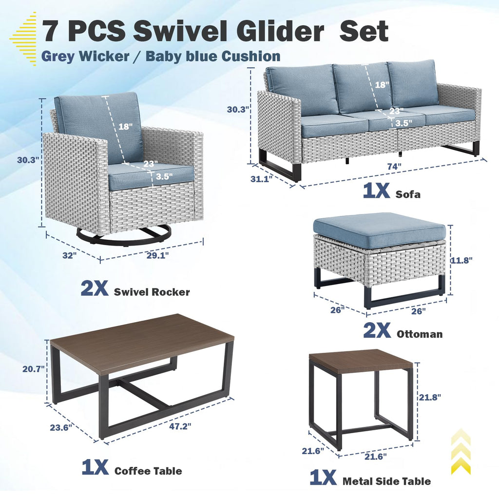 7 Piece Wicker Patio Sofa Set with Swivel Rocker Chairs and Ottomans F605339
