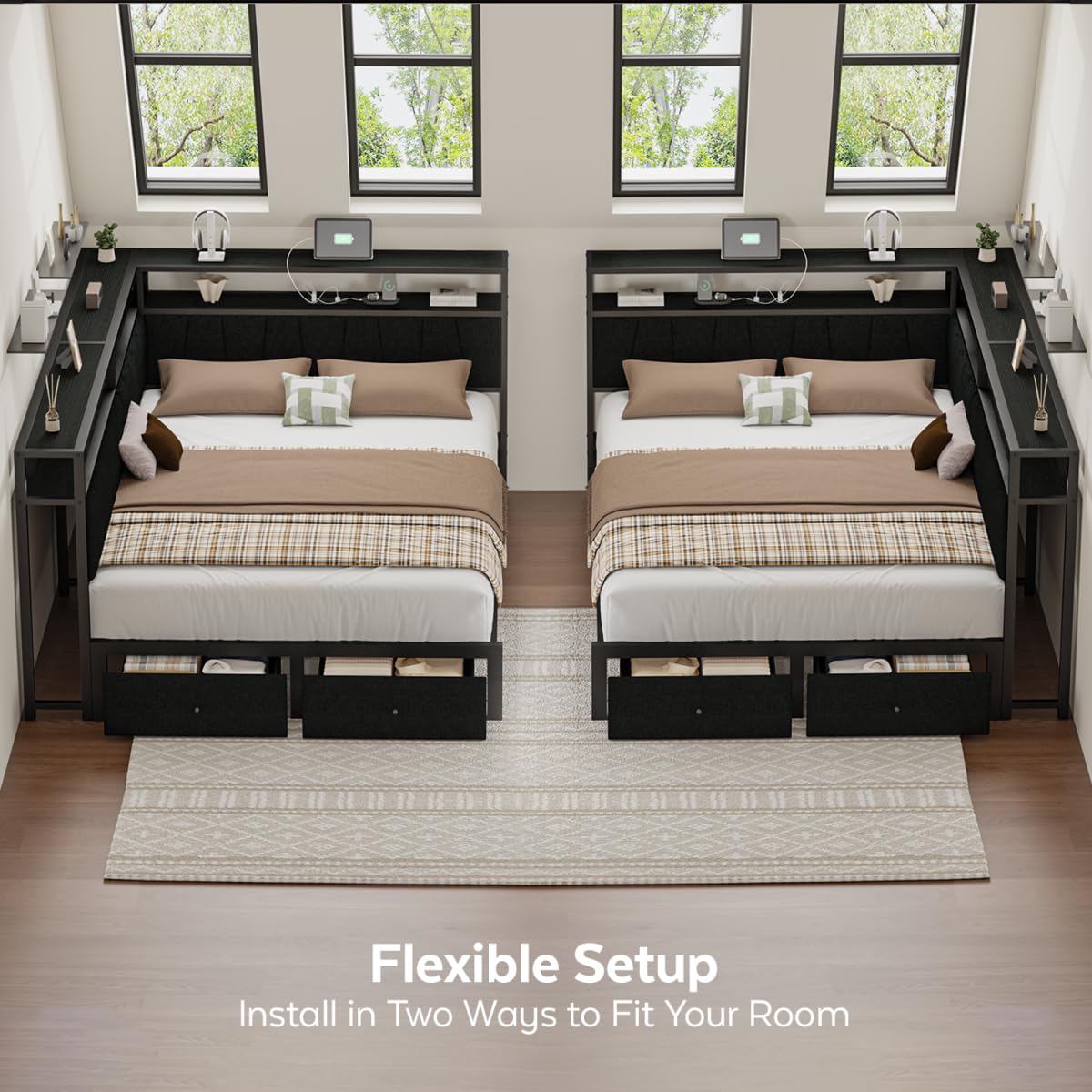 Black Full Size Storage Drawer Bed Frame with LED Lights and Charging Station J57870