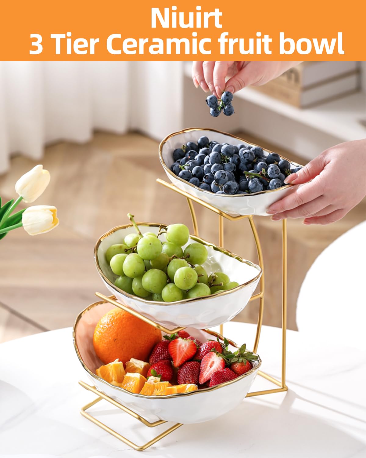 3-Tier Ceramic Fruit Bowl with Metal Stand M978