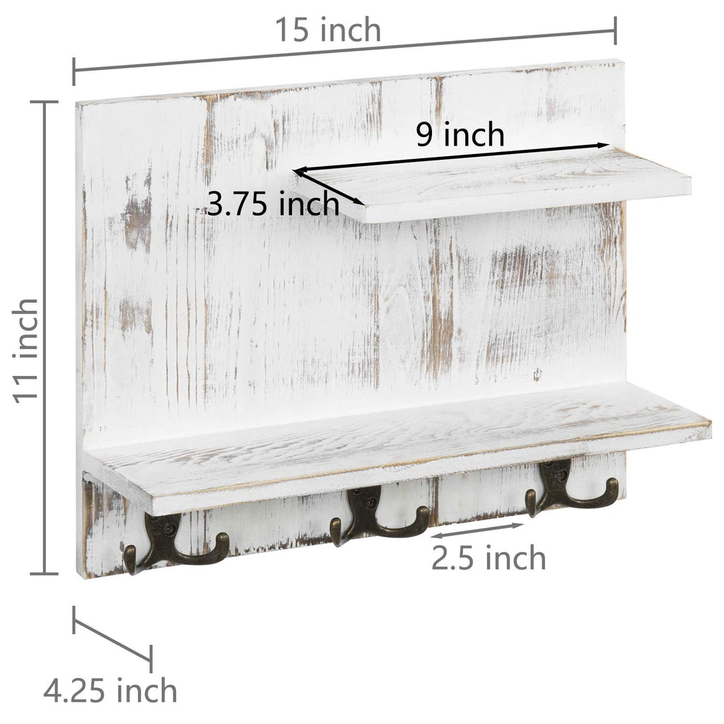 2 Tier White Washed Solid Wood Bathroom Storage Shelves with 6 Hooks Z77612