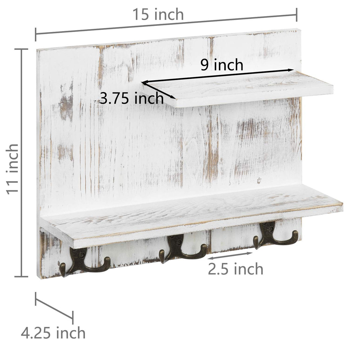 2 Tier White Washed Solid Wood Bathroom Storage Shelves with 6 Hooks Z77612