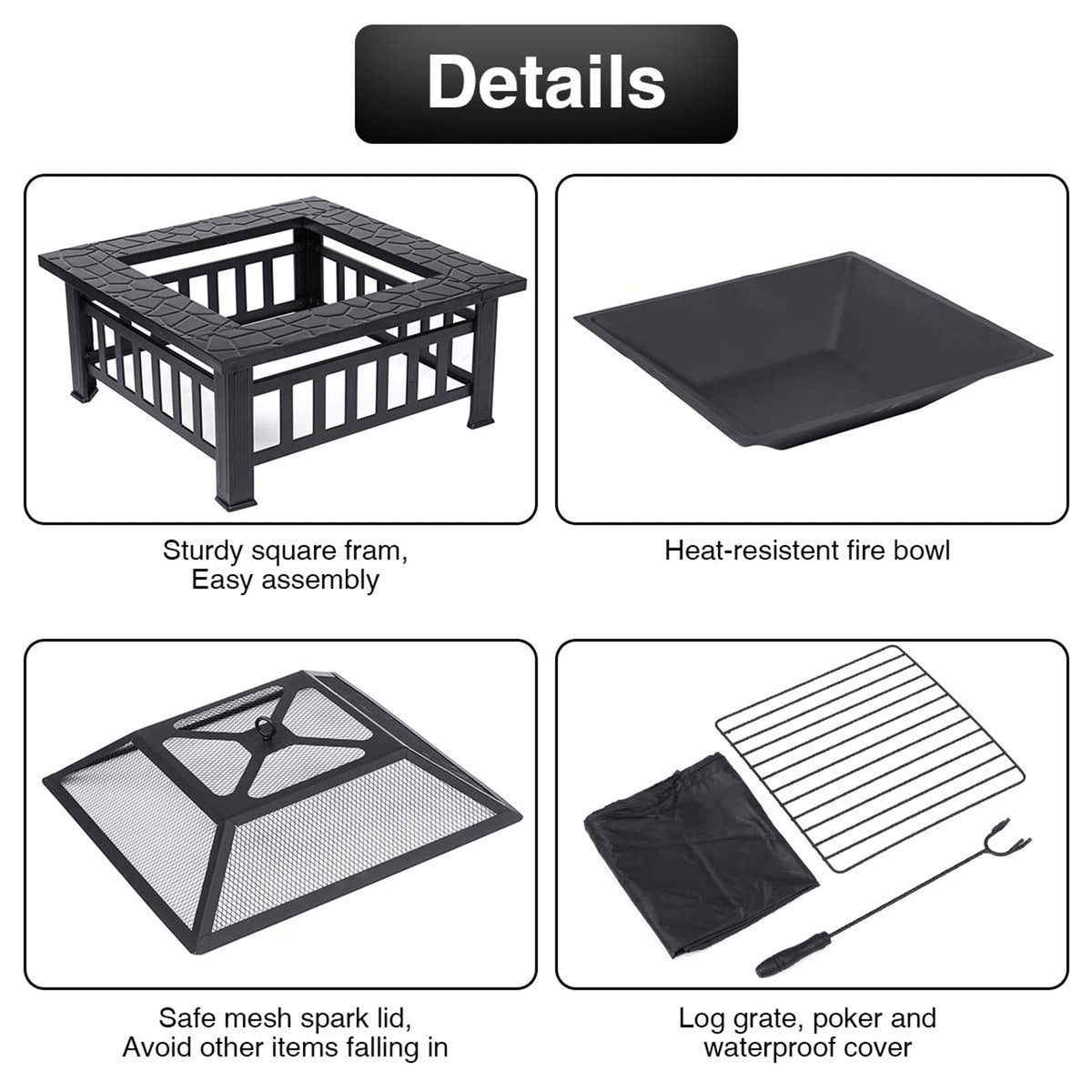 32'' Wood Burning Steel Fire Pit with Spark Screen W27812