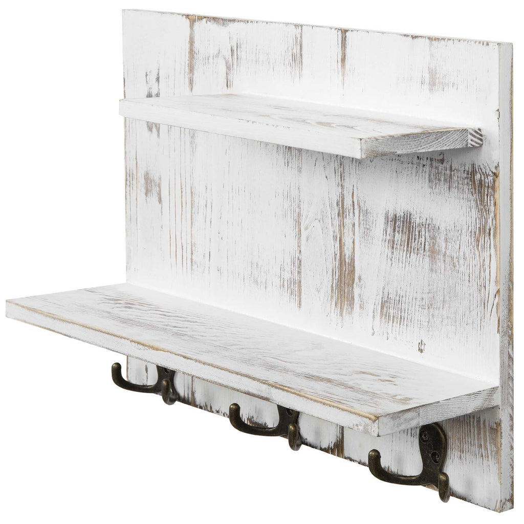 2 Tier White Washed Solid Wood Bathroom Storage Shelves with 6 Hooks Z77612
