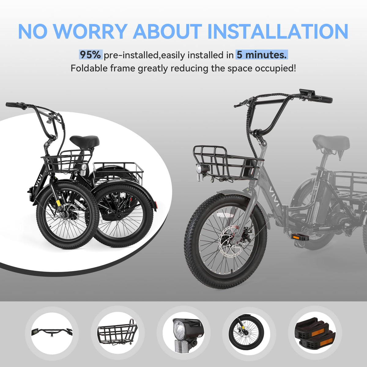 20'' Folding Electric Trike 750W 3-Wheel Bike with Removable Battery O17186