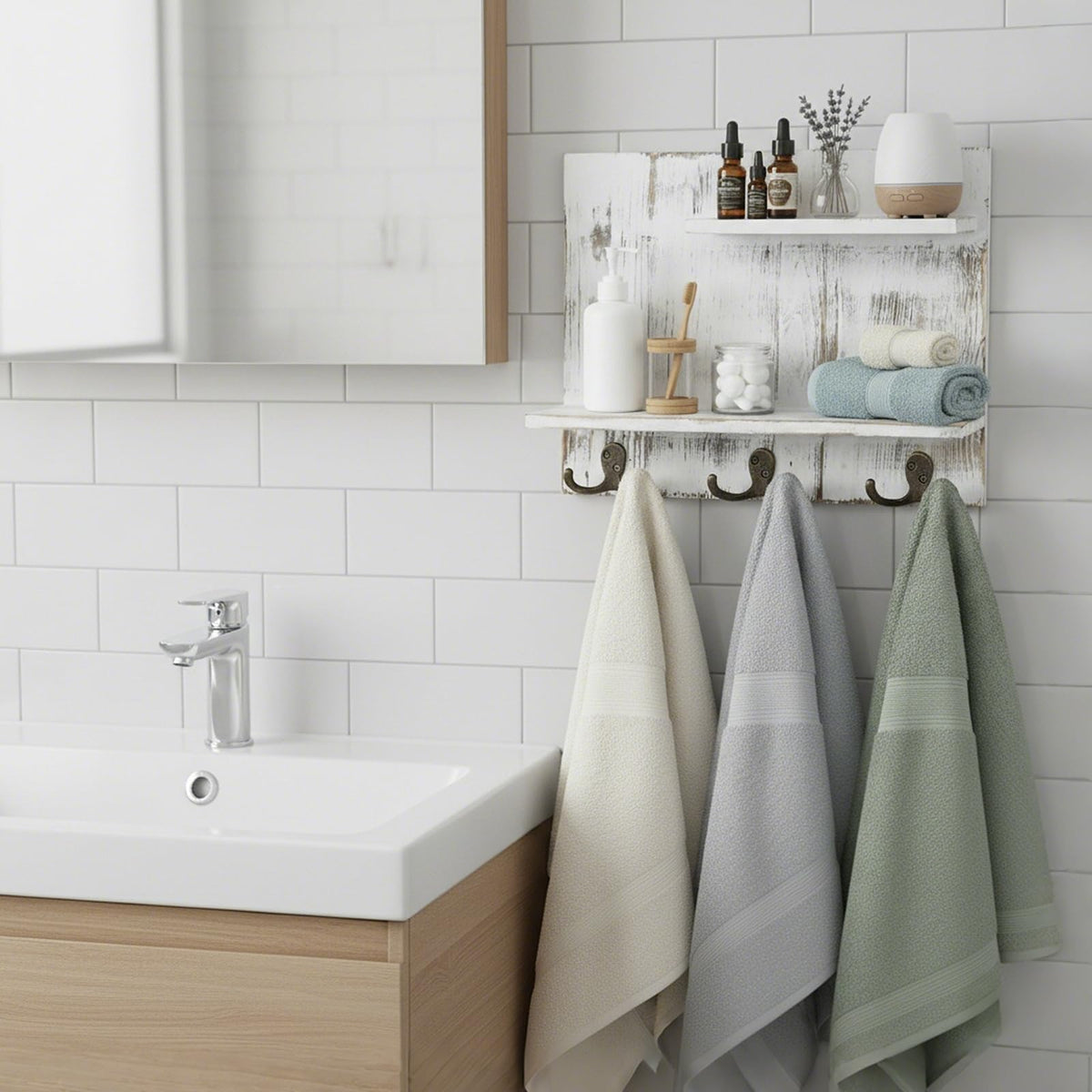 2 Tier White Washed Solid Wood Bathroom Storage Shelves with 6 Hooks Z77612