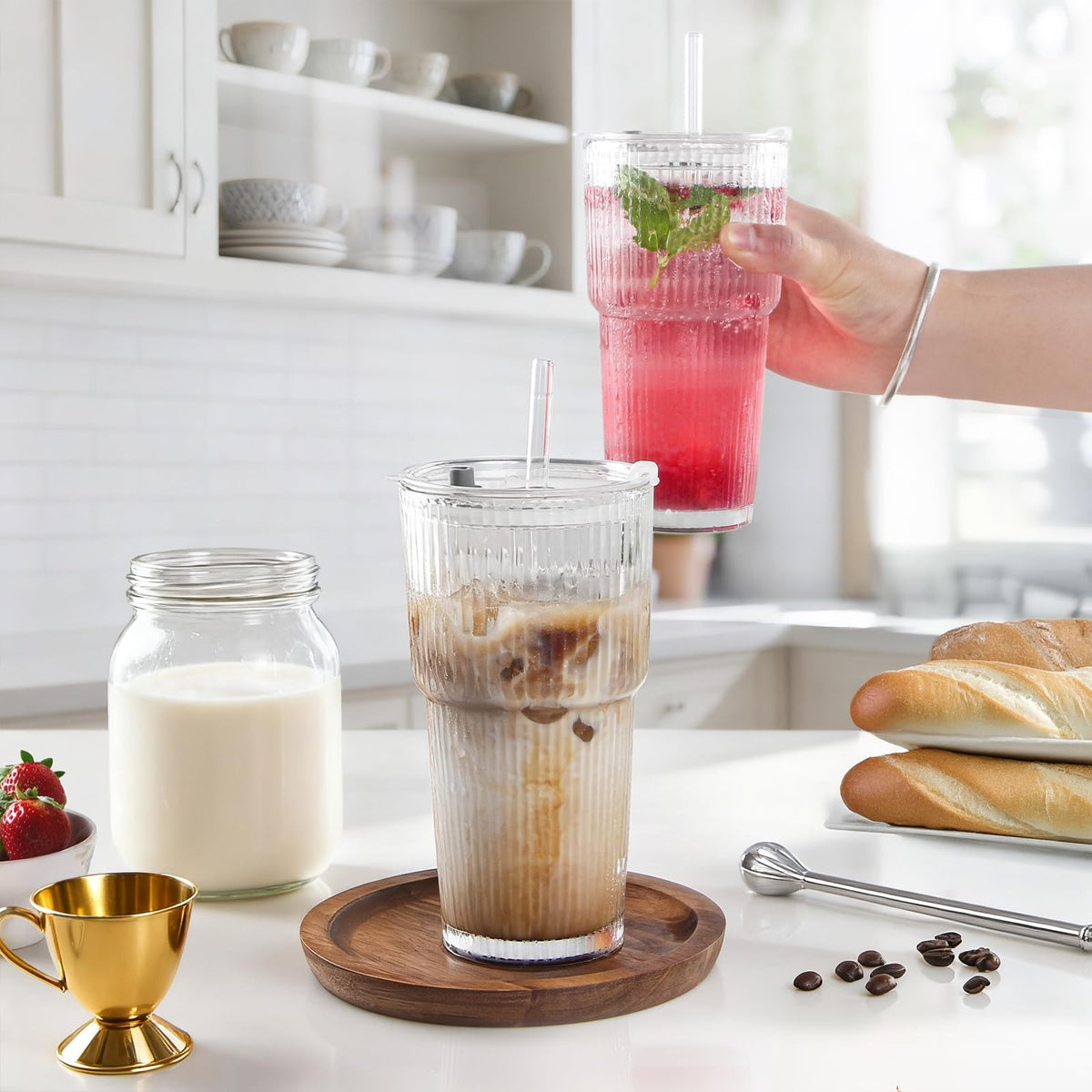 20oz Ribbed Glass Tumbler Set with Lids and Straws, 2 Pack E106